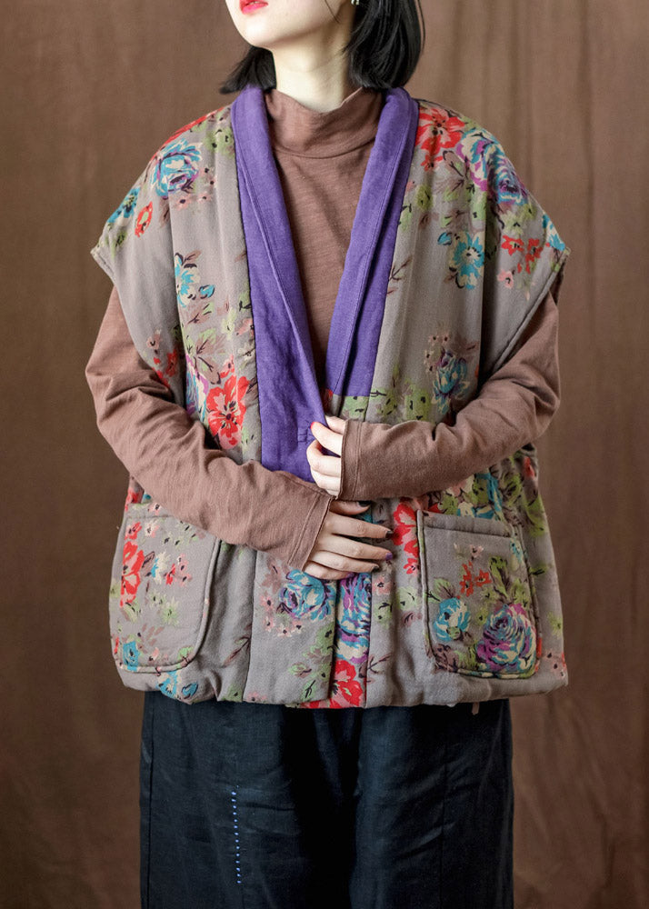Loose Khaki V Neck Print Button Silk Cotton Parka Waistcoat Winter - Down Jackets - DYAVOR®