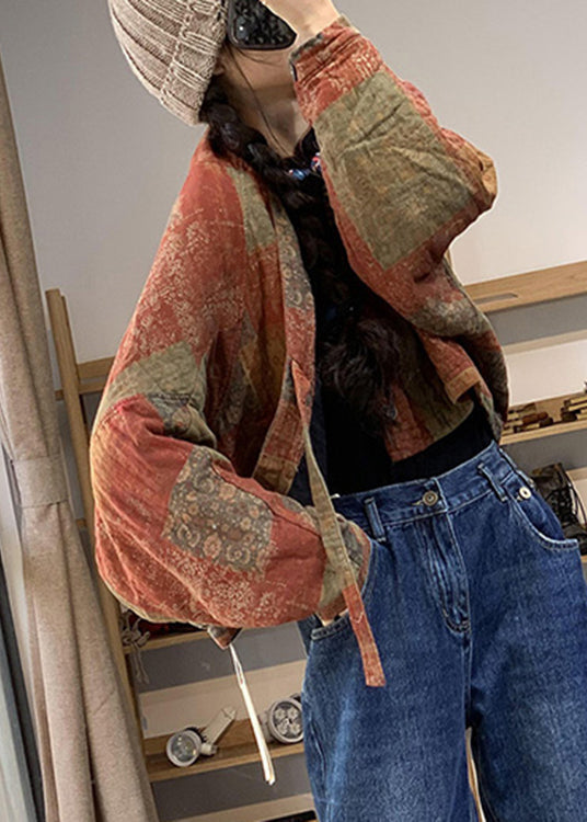 Loose Orange V Neck Print Linen Parka Batwing Sleeve - Down Jackets - DYAVOR®