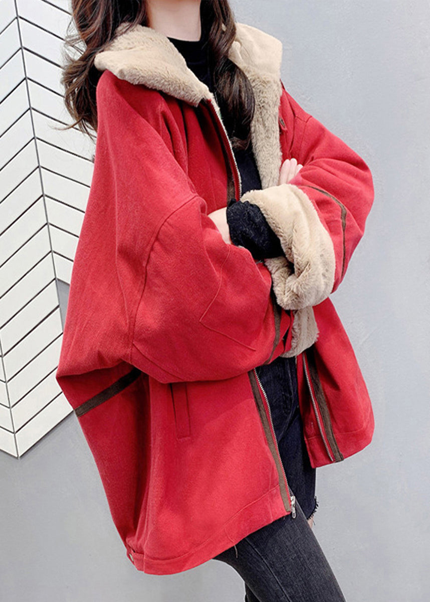 Loose Red Peter Pan Collar Zippered Warm Fleece Parka Winter - Down Jackets - DYAVOR®