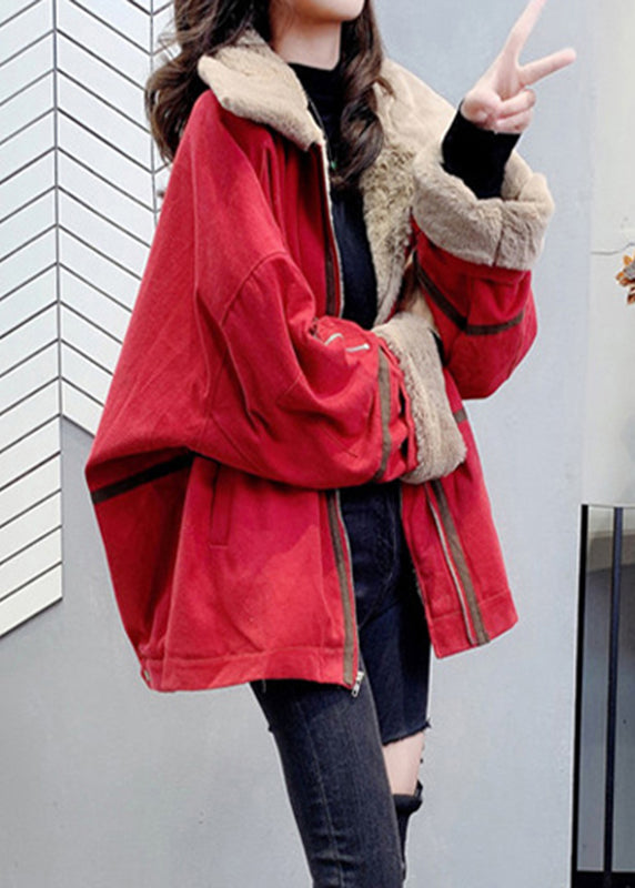 Loose Red Peter Pan Collar Zippered Warm Fleece Parka Winter - Down Jackets - DYAVOR®