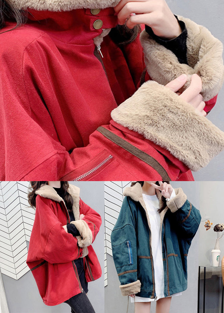 Loose Red Peter Pan Collar Zippered Warm Fleece Parka Winter - Down Jackets - DYAVOR®
