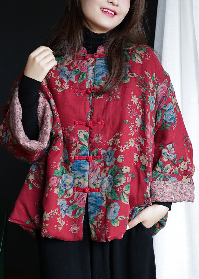 Loose Red Stand Collar Print Button Warm Fleece Cotton Parka Winter - Down Jackets - DYAVOR®