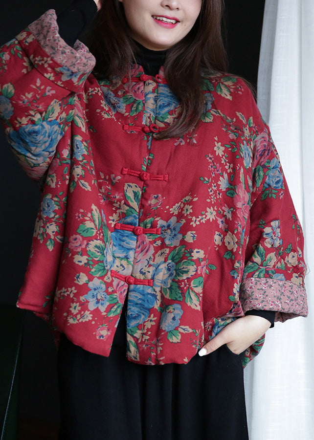 Loose Red Stand Collar Print Button Warm Fleece Cotton Parka Winter - Down Jackets - DYAVOR®