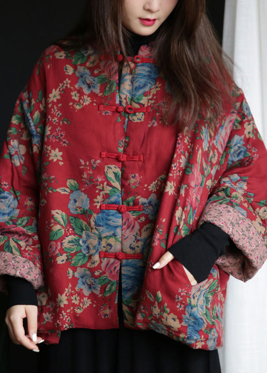 Loose Red Stand Collar Print Button Warm Fleece Cotton Parka Winter - Down Jackets - DYAVOR®