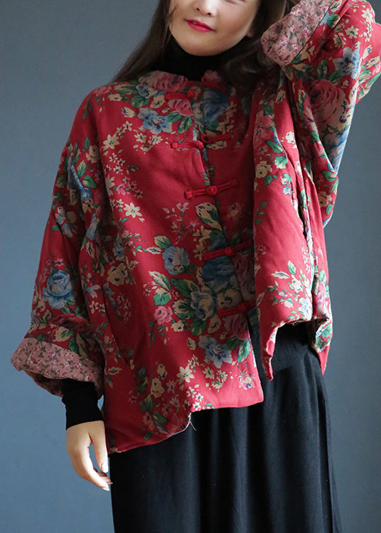 Loose Red Stand Collar Print Button Warm Fleece Cotton Parka Winter - Down Jackets - DYAVOR®