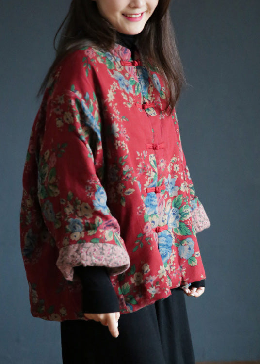Loose Red Stand Collar Print Button Warm Fleece Cotton Parka Winter - Down Jackets - DYAVOR®