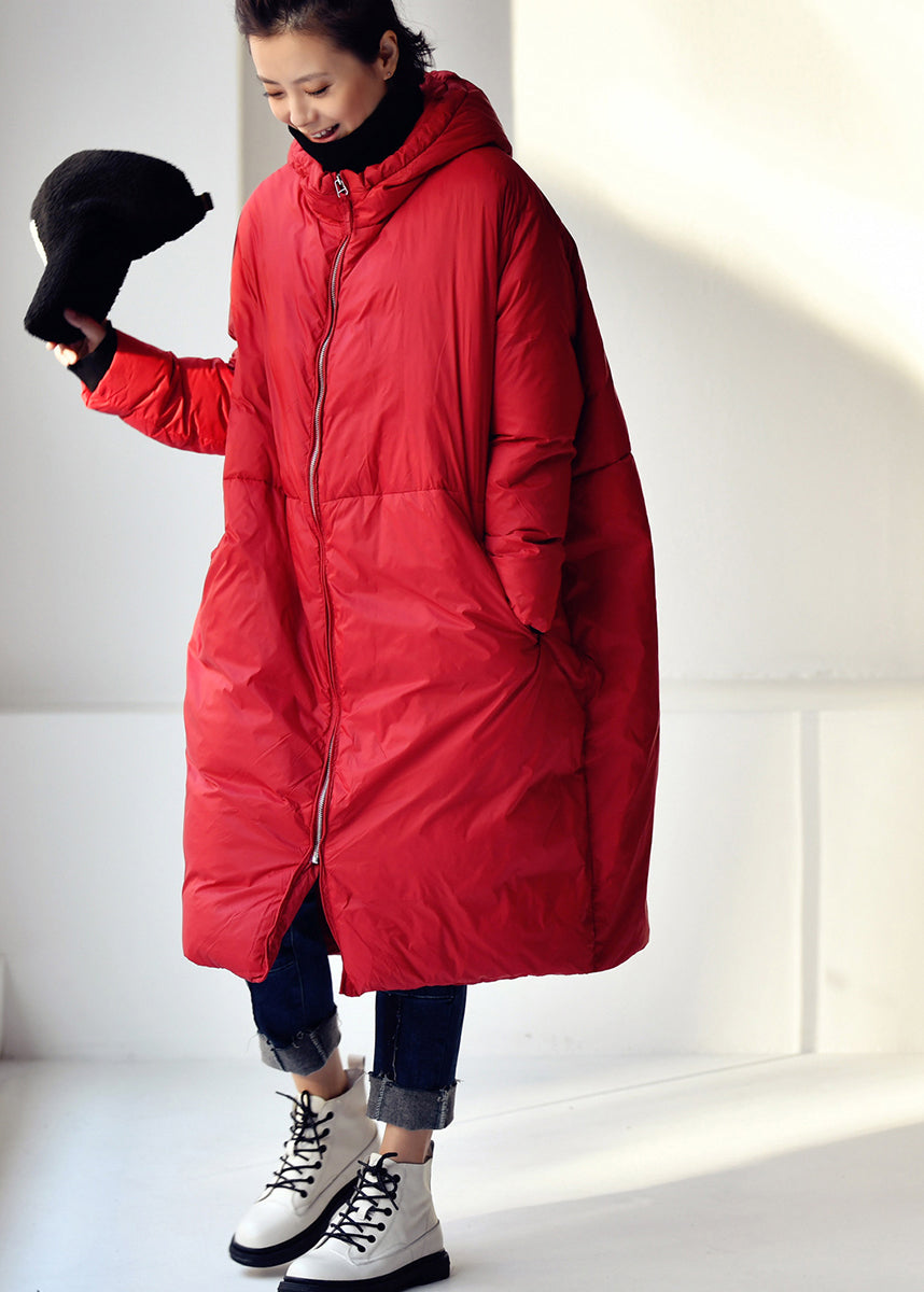 Loose Red Zippered Long Hooded Duck Down Filled Down Coat Winter - Down Jackets - DYAVOR®