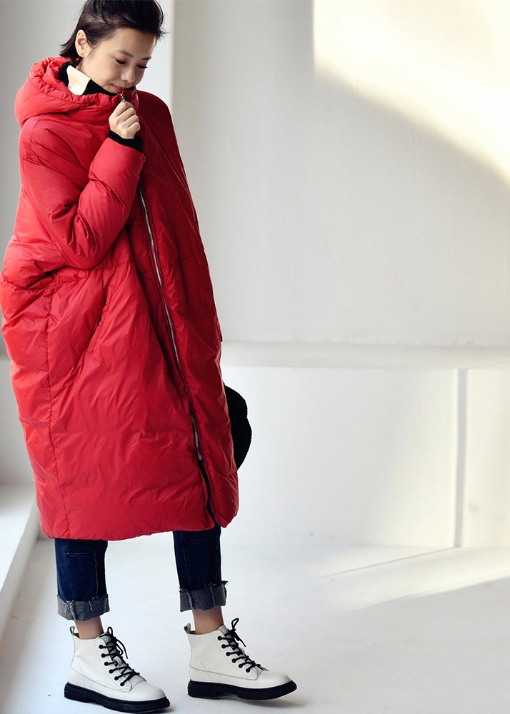 Loose Red Zippered Long Hooded Duck Down Filled Down Coat Winter - Down Jackets - DYAVOR®