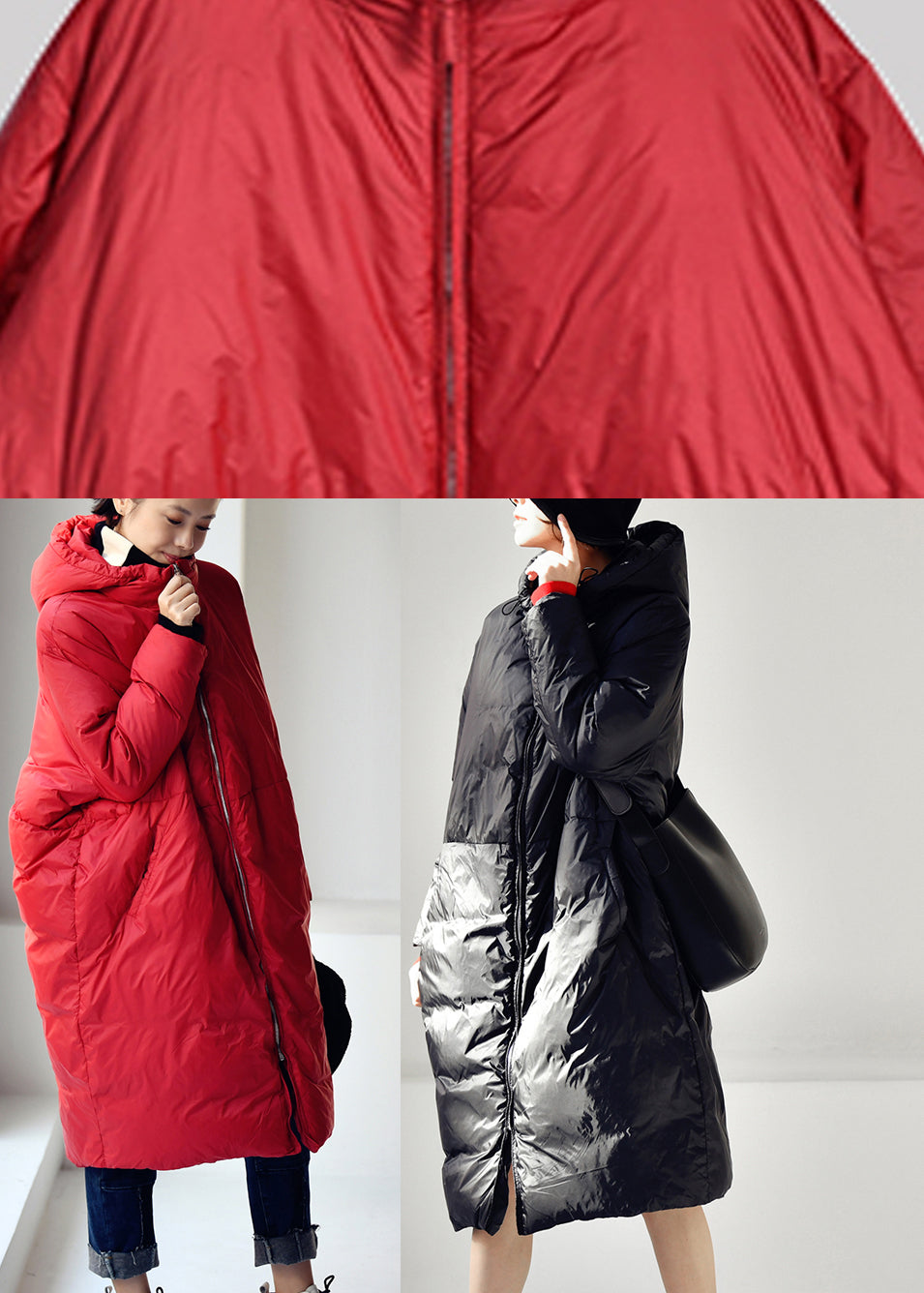 Loose Red Zippered Long Hooded Duck Down Filled Down Coat Winter - Down Jackets - DYAVOR®