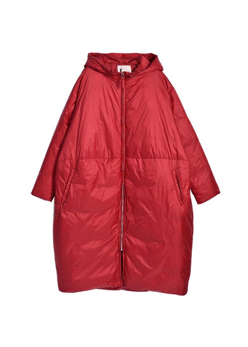 Loose Red Zippered Long Hooded Duck Down Filled Down Coat Winter - Down Jackets - DYAVOR®