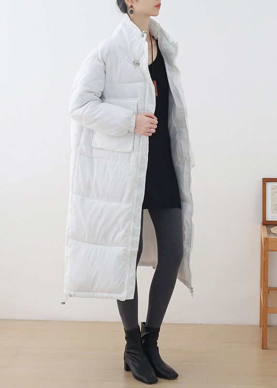 Loose White Stand Collar Zippered Pockets Cotton Parka Long sleeve - Down Jackets - DYAVOR®