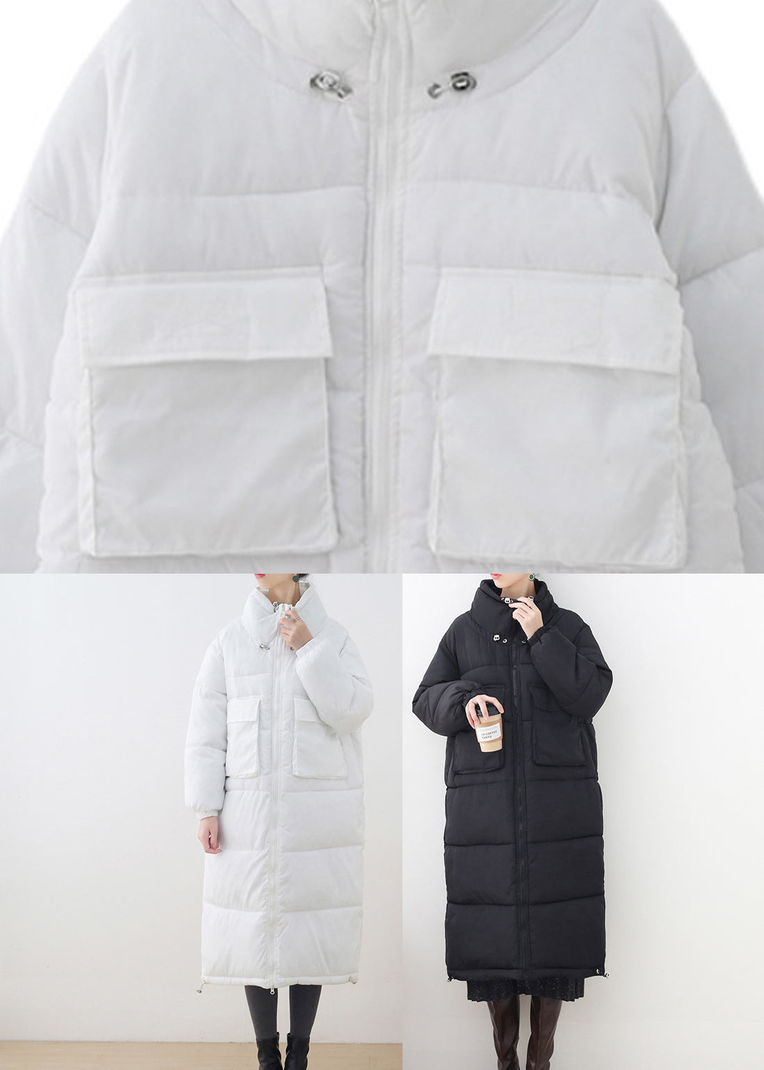 Loose White Stand Collar Zippered Pockets Cotton Parka Long sleeve - Down Jackets - DYAVOR®