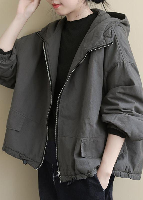 Luxury Grey hooded Loose drawstring Winter Cotton Coats Long sleeve - Down Jackets - DYAVOR®