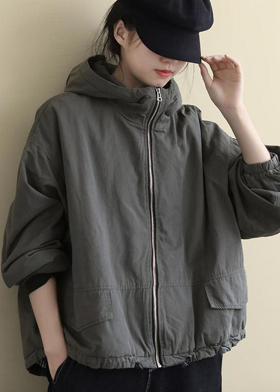 Luxury Grey hooded Loose drawstring Winter Cotton Coats Long sleeve - Down Jackets - DYAVOR®