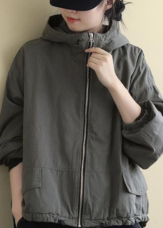 Luxury Grey hooded Loose drawstring Winter Cotton Coats Long sleeve - Down Jackets - DYAVOR®