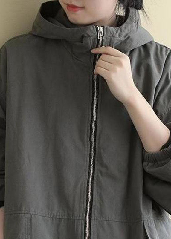 Luxury Grey hooded Loose drawstring Winter Cotton Coats Long sleeve - Down Jackets - DYAVOR®