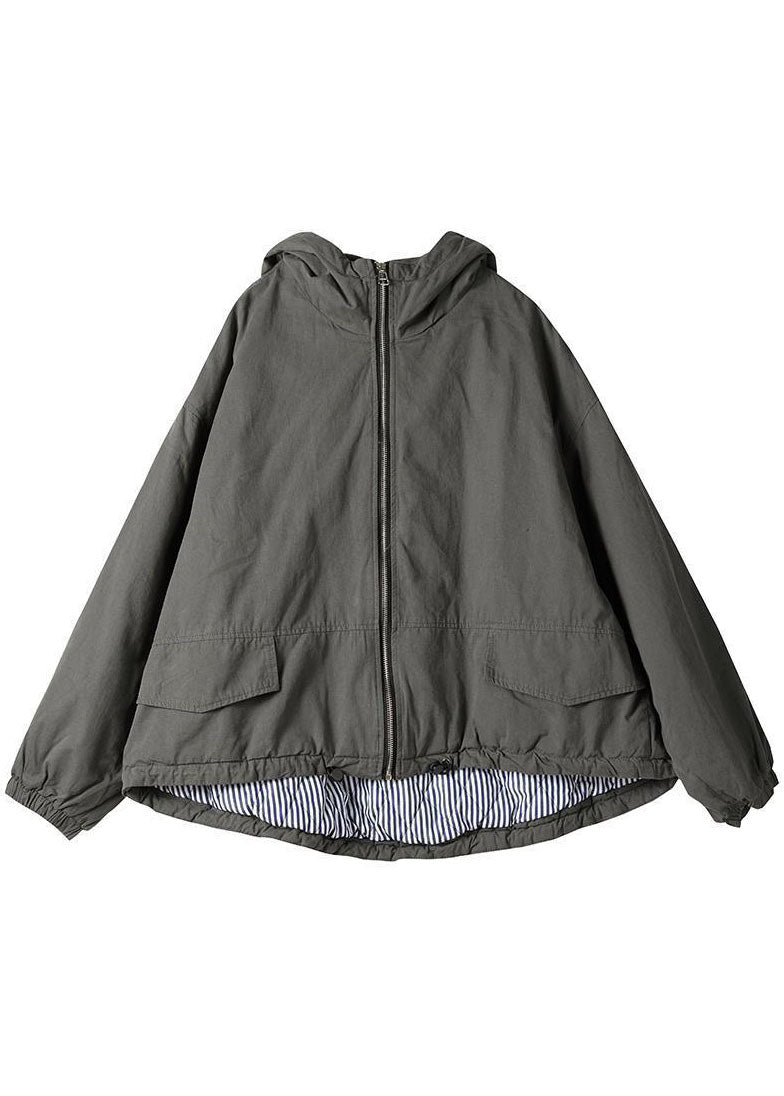 Luxury Grey hooded Loose drawstring Winter Cotton Coats Long sleeve - Down Jackets - DYAVOR®