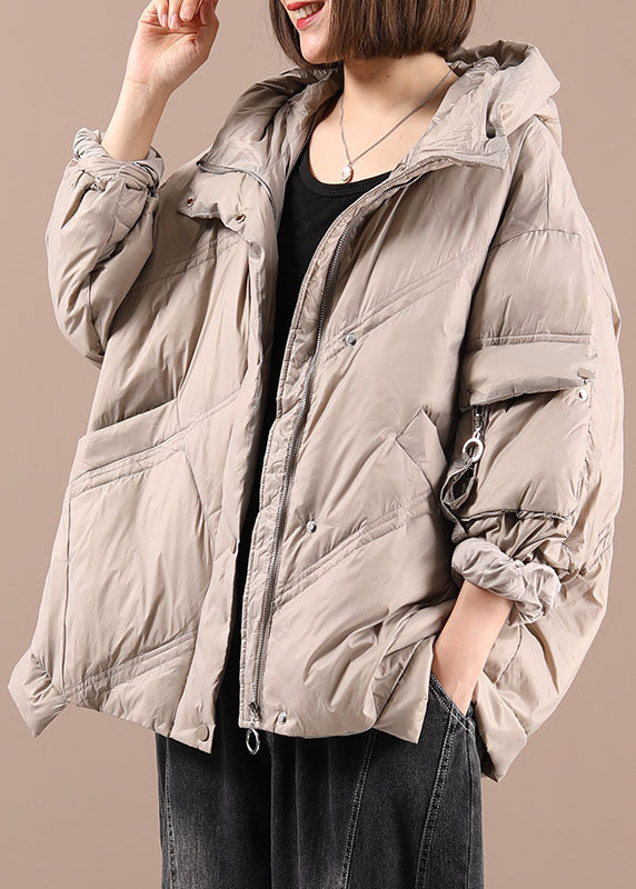 Luxury Khaki Loose Zippered Winter Duck Down Long sleeve Down Coat - Down Jackets - DYAVOR®