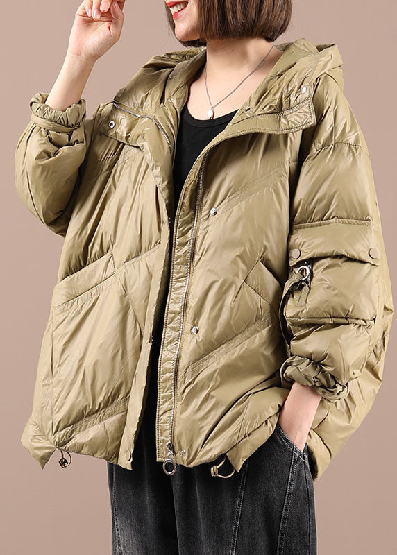 Luxury Khaki Loose Zippered Winter Duck Down Long sleeve Down Coat - Down Jackets - DYAVOR®