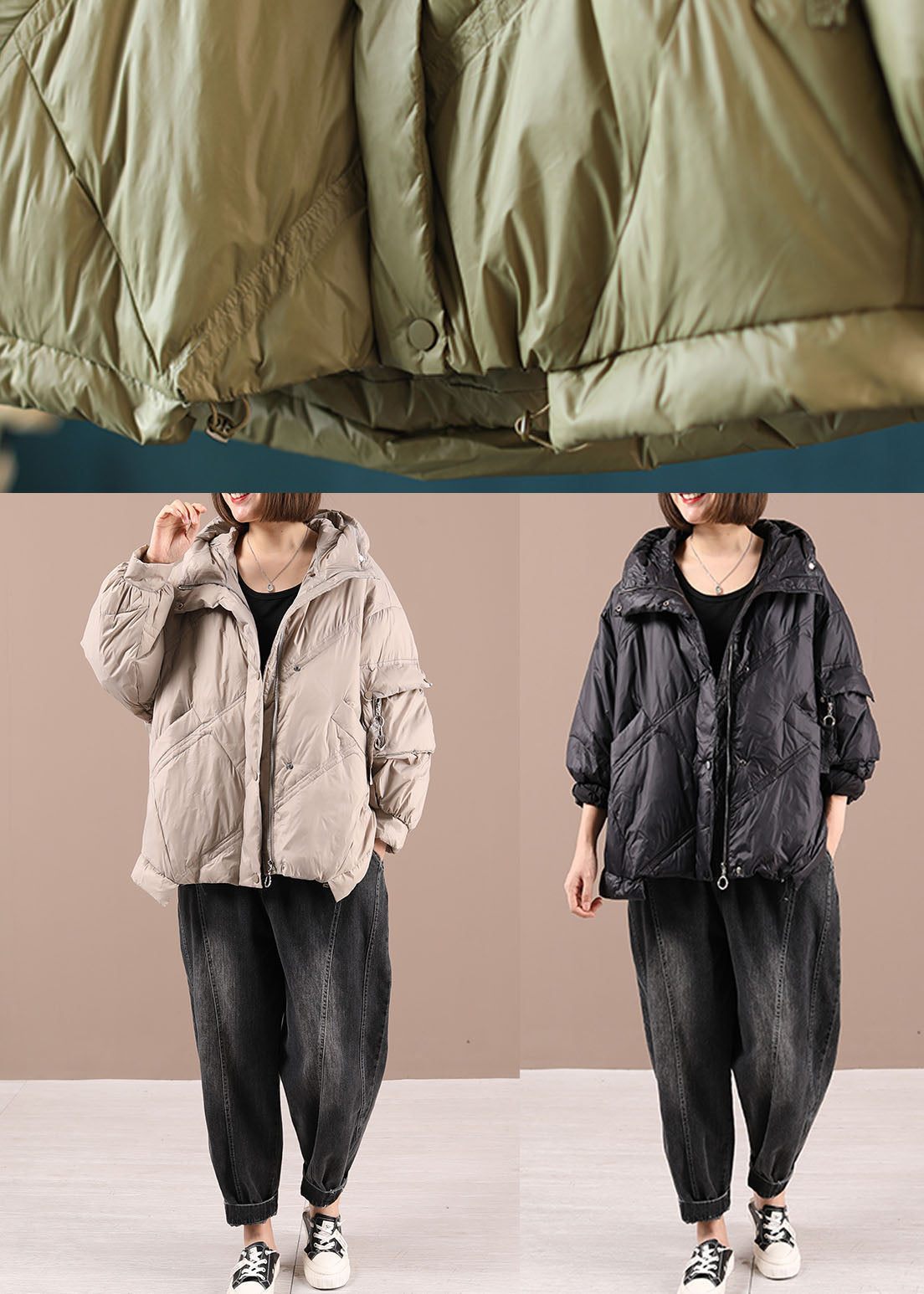 Luxury Khaki Loose Zippered Winter Duck Down Long sleeve Down Coat - Down Jackets - DYAVOR®