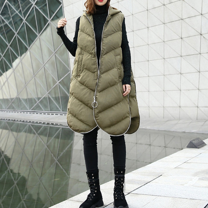 Luxury army green Parka casual hooded down over coat women Sleeveless trench coat - - DYAVOR®