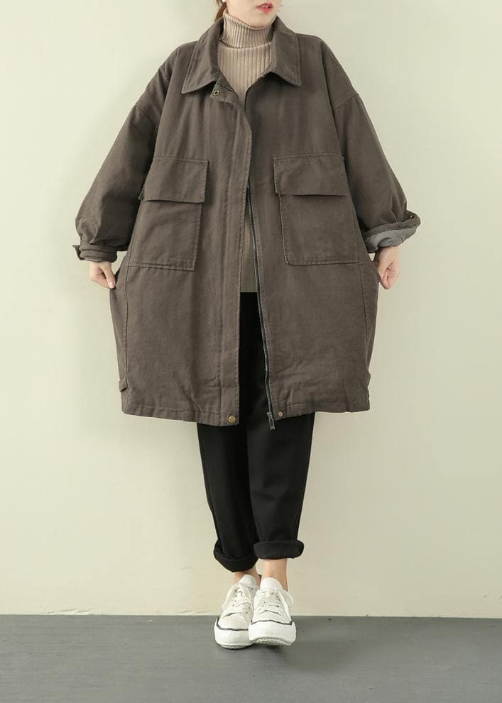 Luxury gray green casual outfit trendy plus size winter jacket lapel zippered overcoat - Trench coats - DYAVOR®