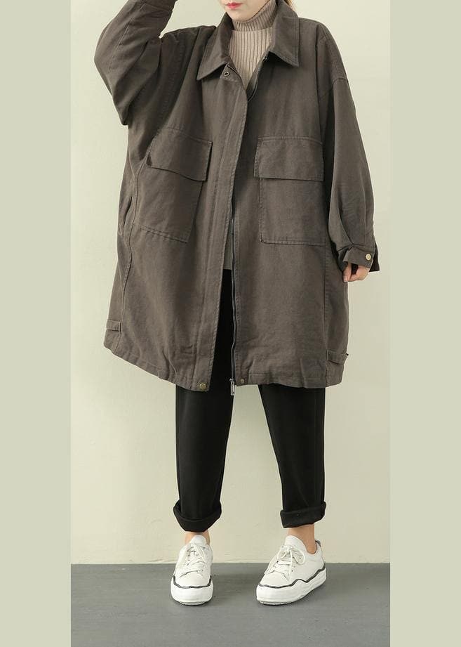 Luxury gray green casual outfit trendy plus size winter jacket lapel zippered overcoat - Trench coats - DYAVOR®