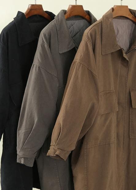 Luxury gray green casual outfit trendy plus size winter jacket lapel zippered overcoat - Trench coats - DYAVOR®