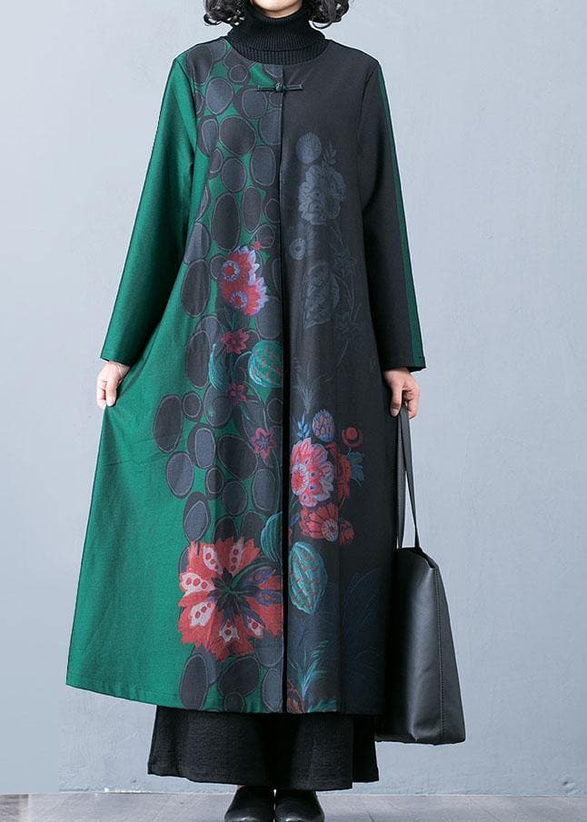 Luxury plus size maxi coat fall trench coats green prints o neck overcoat - - DYAVOR®