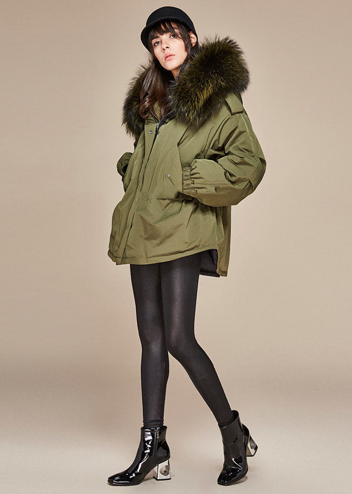 Modern Army Green Hooded Faux Fur Collar Duck Down Puffer Jacket Winter - Down Jackets - DYAVOR®