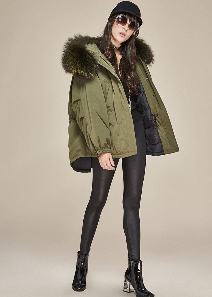 Modern Army Green Hooded Faux Fur Collar Duck Down Puffer Jacket Winter - Down Jackets - DYAVOR®