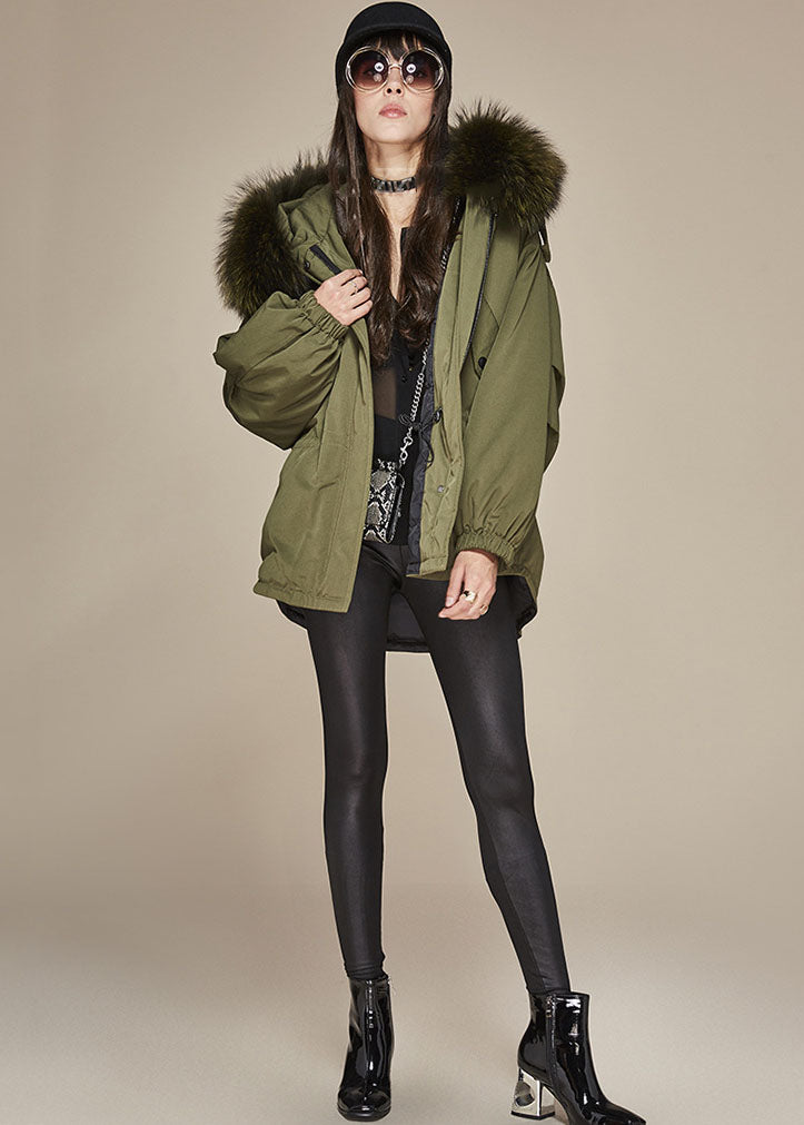 Modern Army Green Hooded Faux Fur Collar Duck Down Puffer Jacket Winter - Down Jackets - DYAVOR®