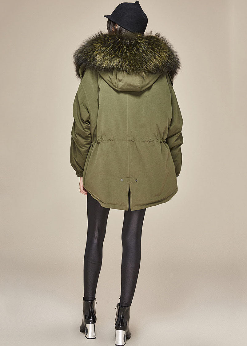 Modern Army Green Hooded Faux Fur Collar Duck Down Puffer Jacket Winter - Down Jackets - DYAVOR®