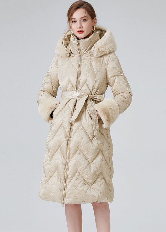 Modern Beige Hooded Rabbit Hair Collar Duck Down Down Coats Winter - Down Jackets - DYAVOR®