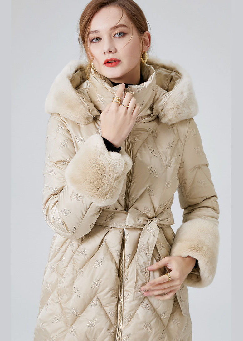 Modern Beige Hooded Rabbit Hair Collar Duck Down Down Coats Winter - Down Jackets - DYAVOR®