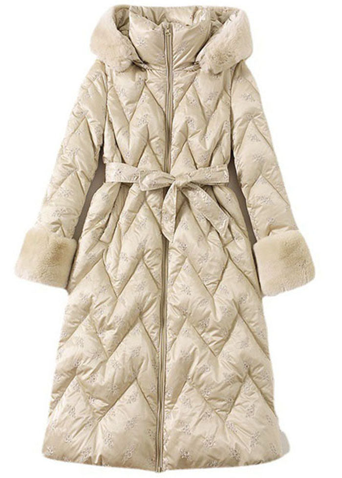 Modern Beige Hooded Rabbit Hair Collar Duck Down Down Coats Winter - Down Jackets - DYAVOR®