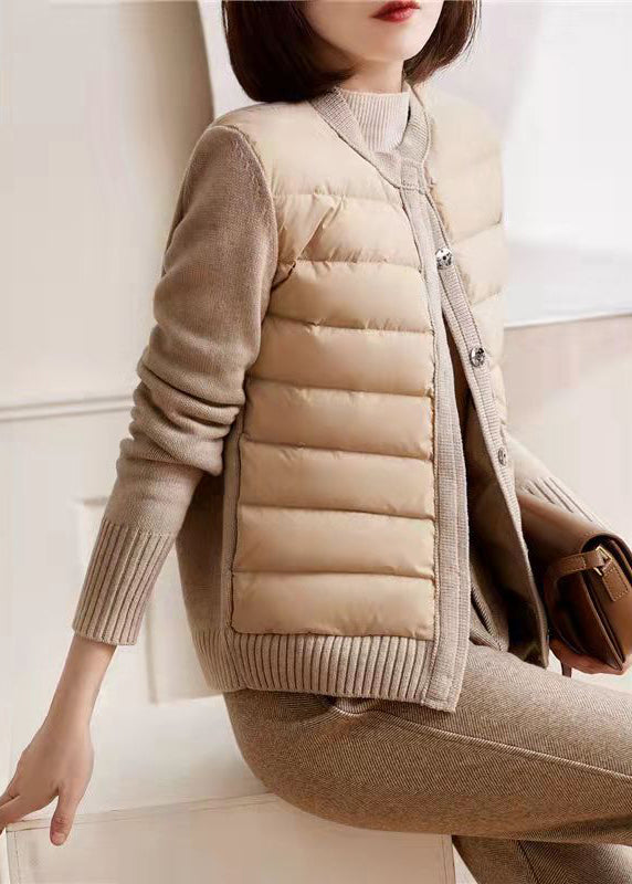 Modern Beige White Colour O-Neck Patchwork Knit Parka Long Sleeve - Down Jackets - DYAVOR®