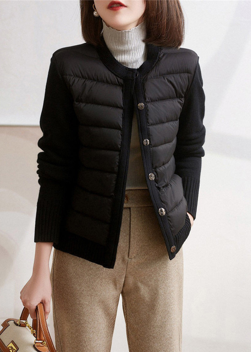 Modern Beige White Colour O-Neck Patchwork Knit Parka Long Sleeve - Down Jackets - DYAVOR®