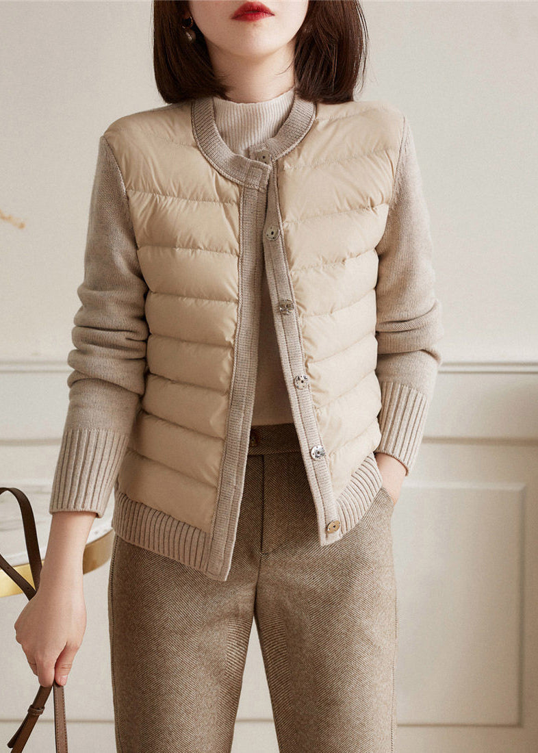 Modern Beige White Colour O-Neck Patchwork Knit Parka Long Sleeve - Down Jackets - DYAVOR®
