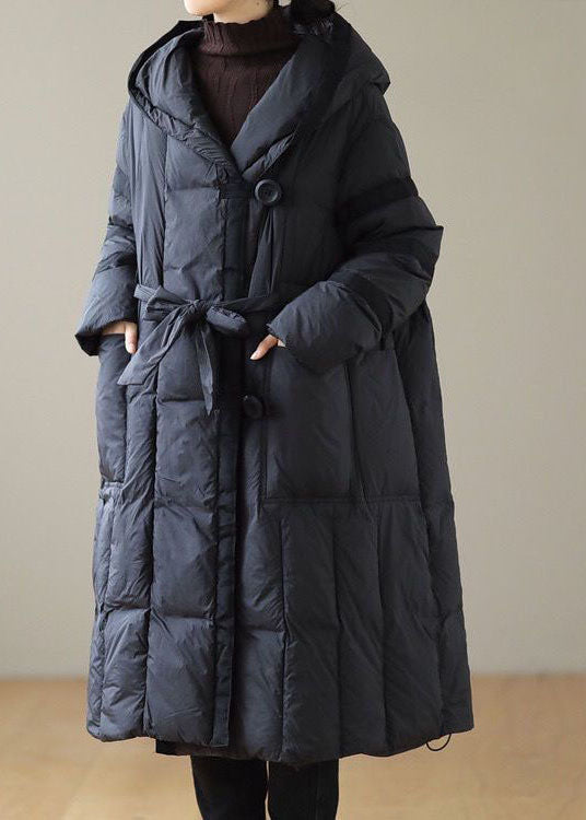 Modern Black Hooded Patchwork Tie Waist Duck Down Puffer Jacket Winter - Down Jackets - DYAVOR®