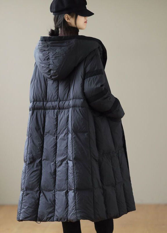 Modern Black Hooded Patchwork Tie Waist Duck Down Puffer Jacket Winter - Down Jackets - DYAVOR®