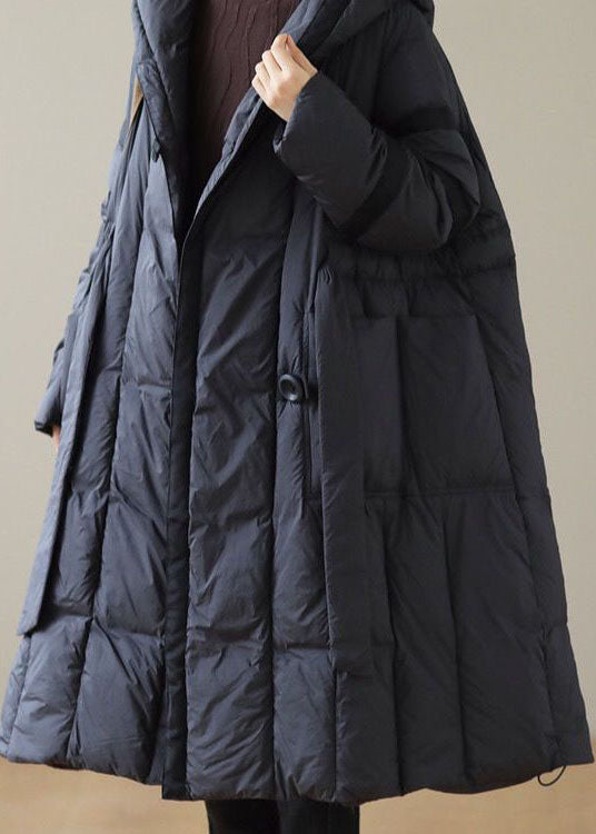 Modern Black Hooded Patchwork Tie Waist Duck Down Puffer Jacket Winter - Down Jackets - DYAVOR®