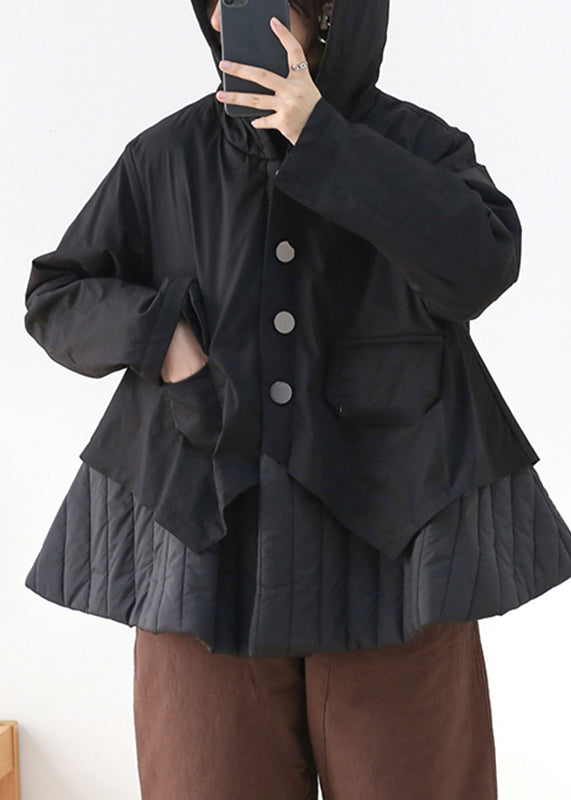 Modern Black Patchwork Button Pockets Thick Hooded Parka Long Sleeve - Down Jackets - DYAVOR®