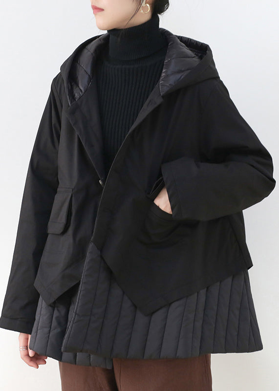 Modern Black Patchwork Button Pockets Thick Hooded Parka Long Sleeve - Down Jackets - DYAVOR®
