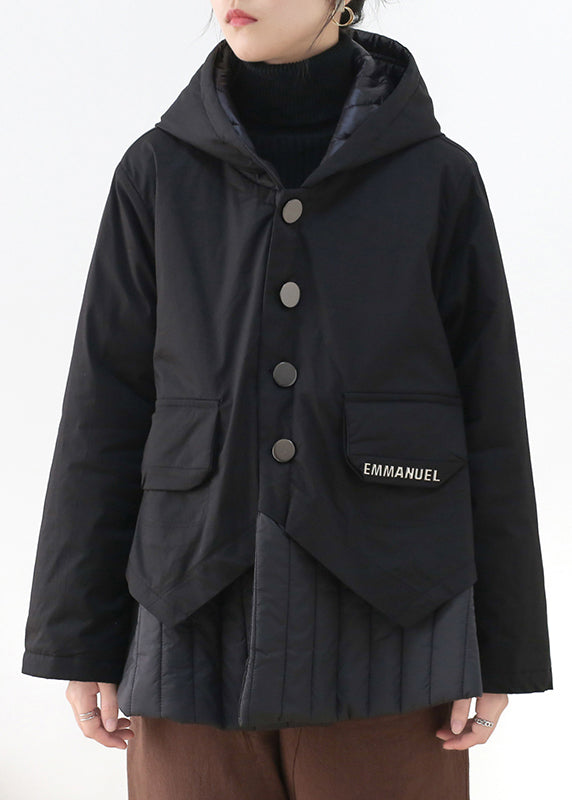 Modern Black Patchwork Button Pockets Thick Hooded Parka Long Sleeve - Down Jackets - DYAVOR®