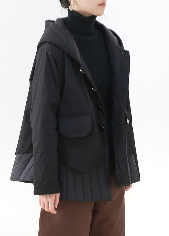 Modern Black Patchwork Button Pockets Thick Hooded Parka Long Sleeve - Down Jackets - DYAVOR®