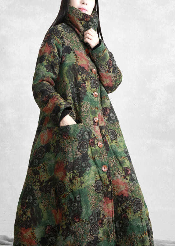 Modern Green High Neck Print Lengthen Fine Cotton Filled Coats Winter - Down Jackets - DYAVOR®