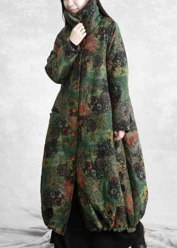 Modern Green High Neck Print Lengthen Fine Cotton Filled Coats Winter - Down Jackets - DYAVOR®