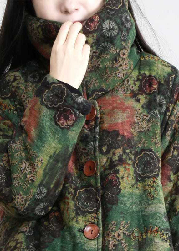 Modern Green High Neck Print Lengthen Fine Cotton Filled Coats Winter - Down Jackets - DYAVOR®