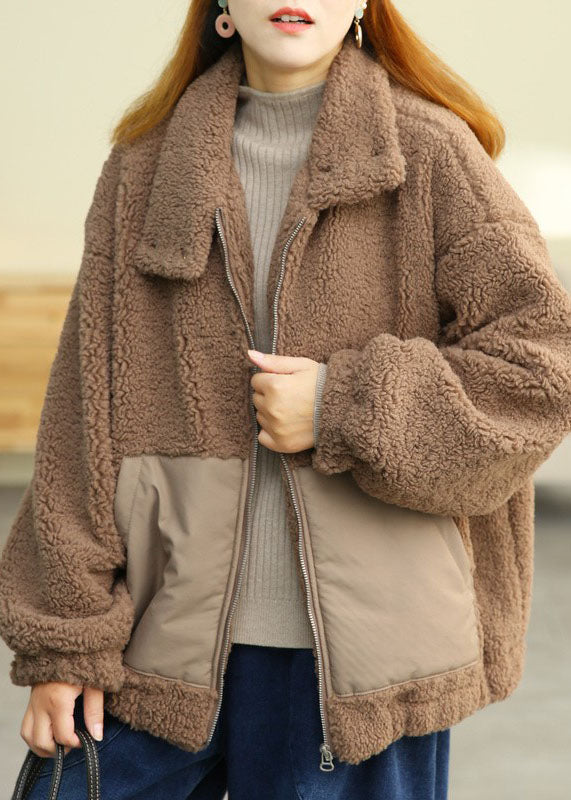 Modern Khaki Peter Pan Collar Patchwork Pockets Teddy Faux Fur Puffers Jackets Winter - Down Jackets - DYAVOR®